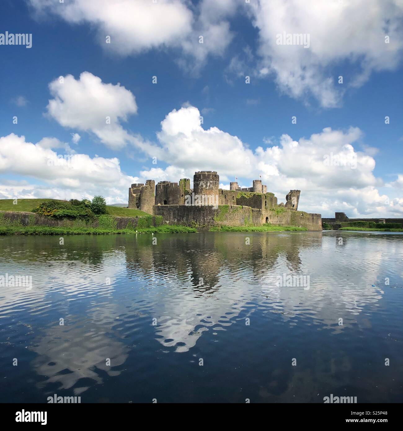 Caerphilly Castle reflections in the moat - Smartphone Captured Stock Image