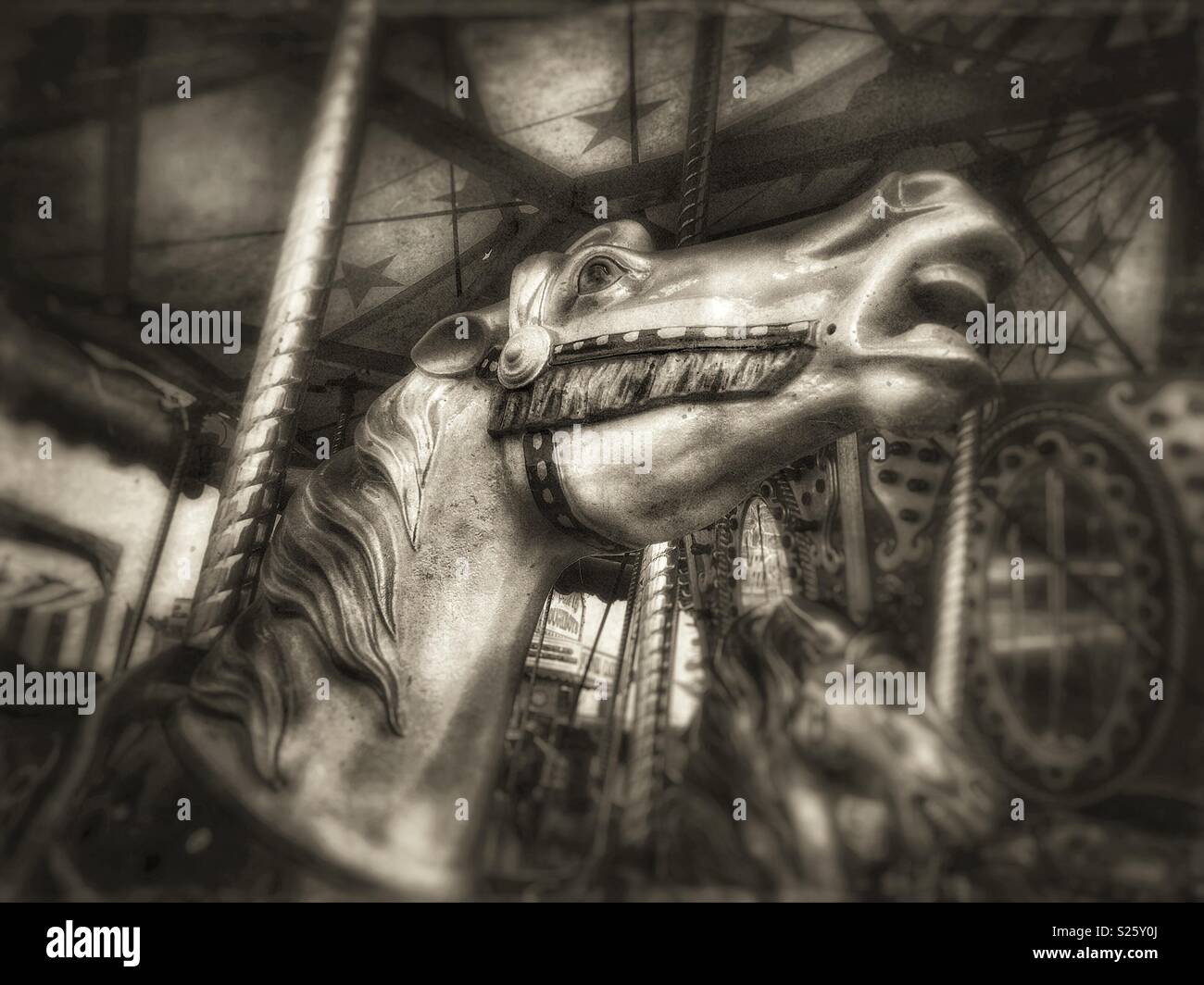 Sepia toned closeup of a carousel horse - Smartphone Captured Stock Image