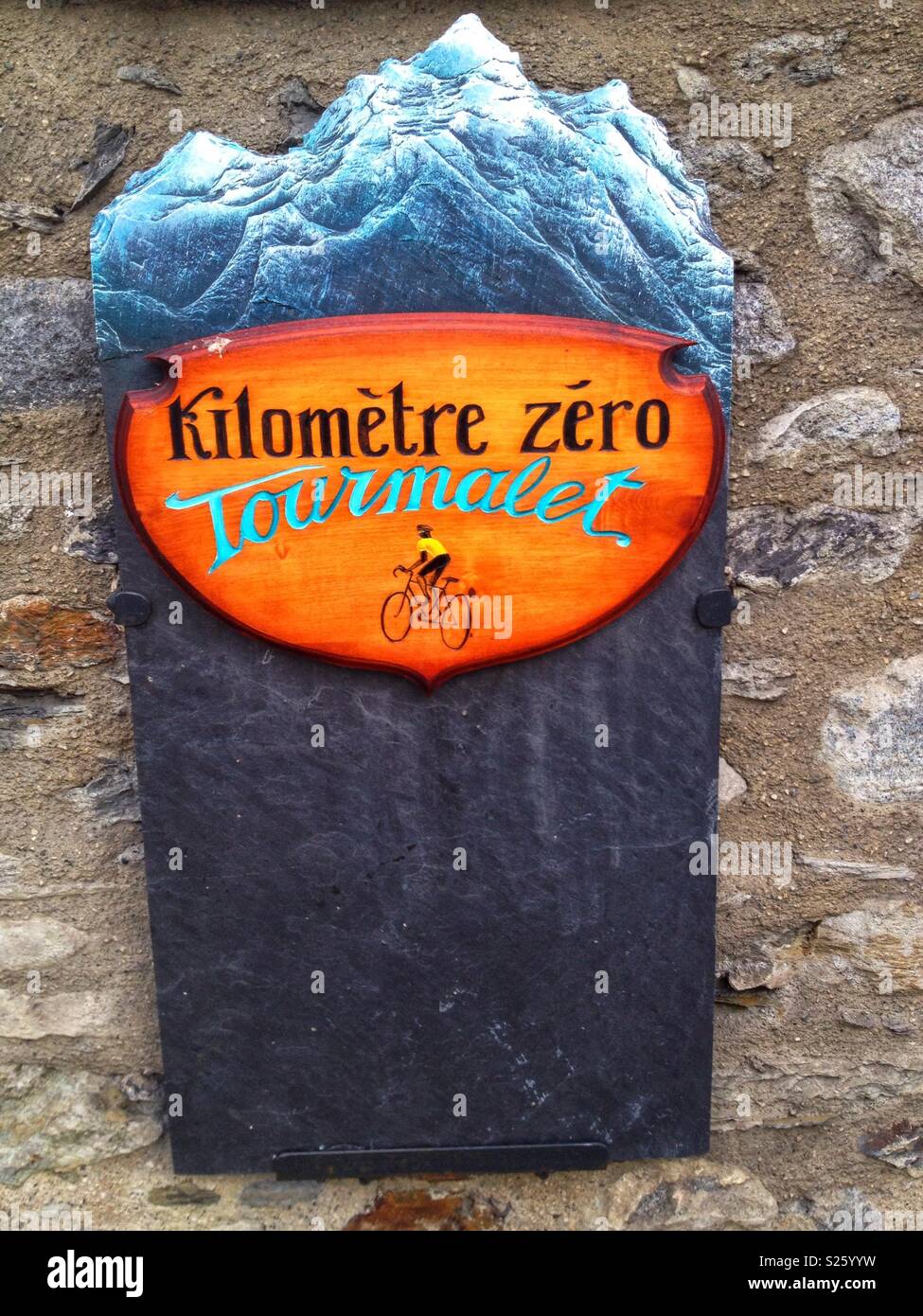 Plate indicating the start of the ascent of the Col du Tourmalet by bike, Luz St Sauveur, Occitanie France Stock Photo