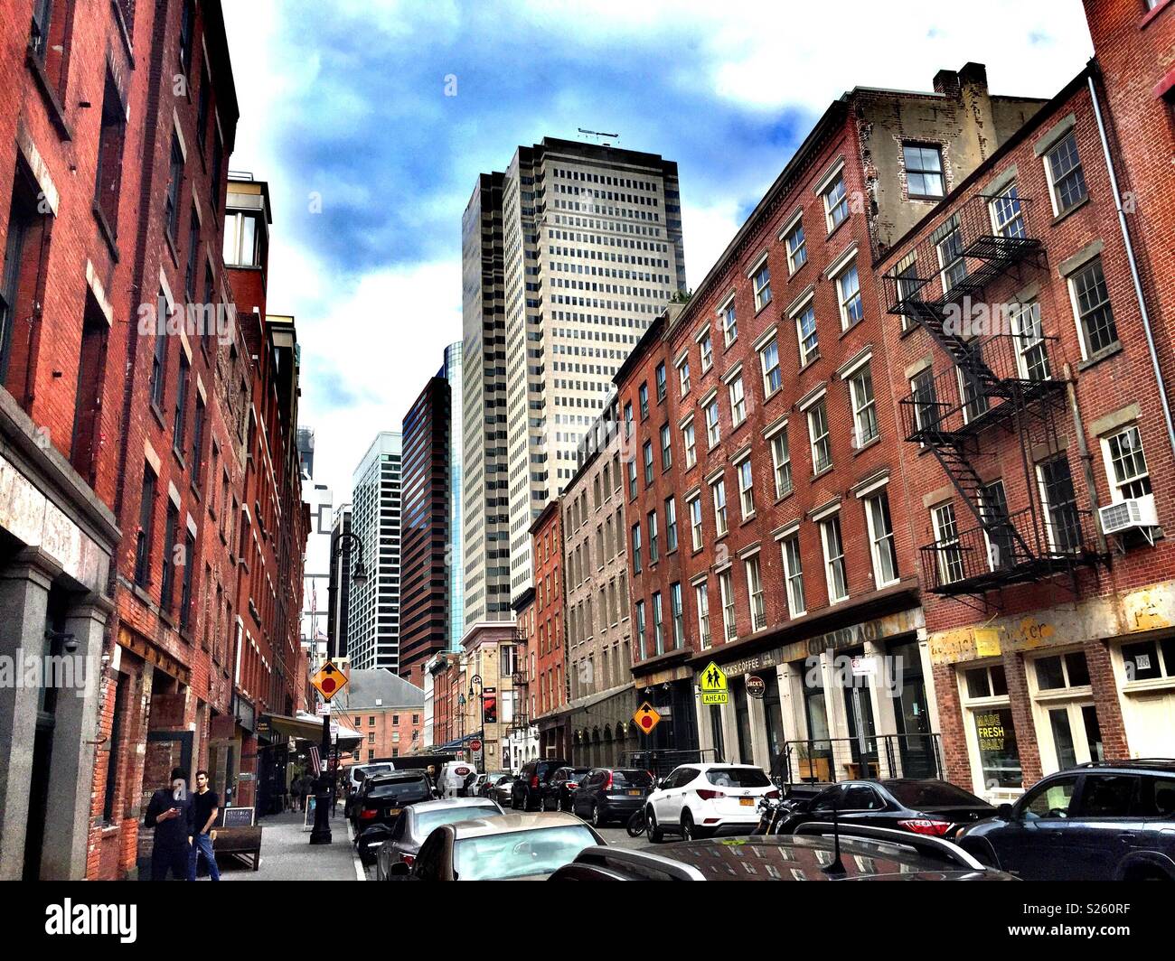 Street view South Street Seaport, lower Manhattan, NYC, USA Stock Photo