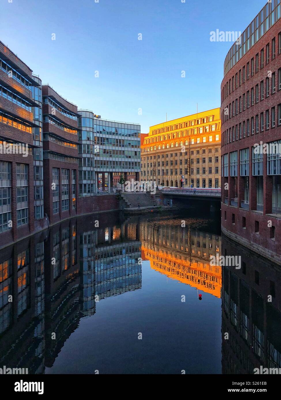 The Golden Hour, water reflections in Hamburg, Germany. - Smartphone Captured Stock Image