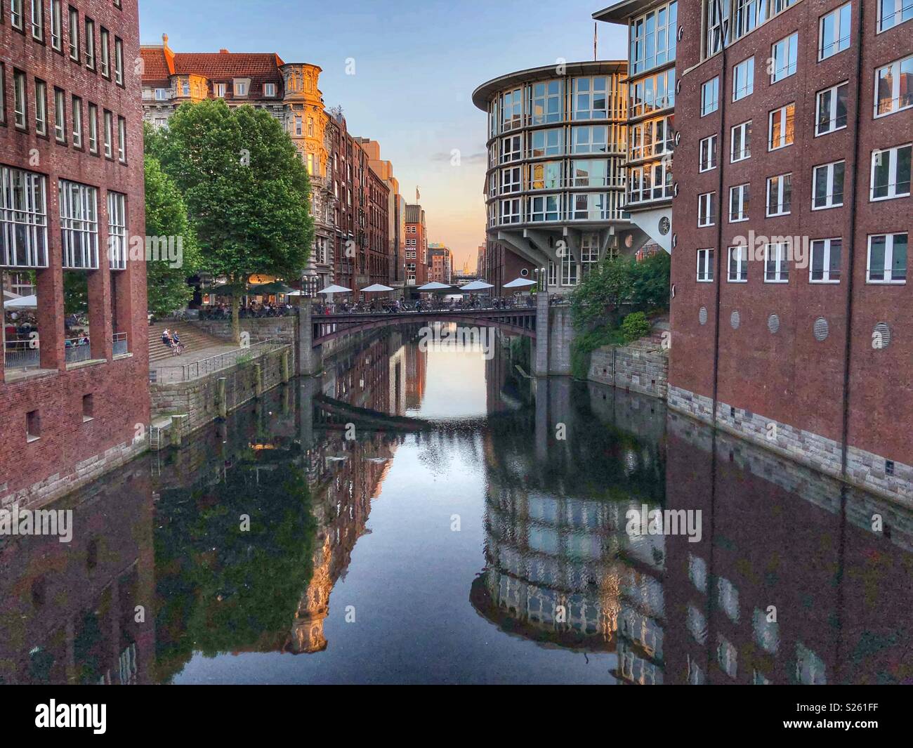 Canal water reflections during the golden hour in Hamburg, Germany. - Smartphone Captured Stock Image