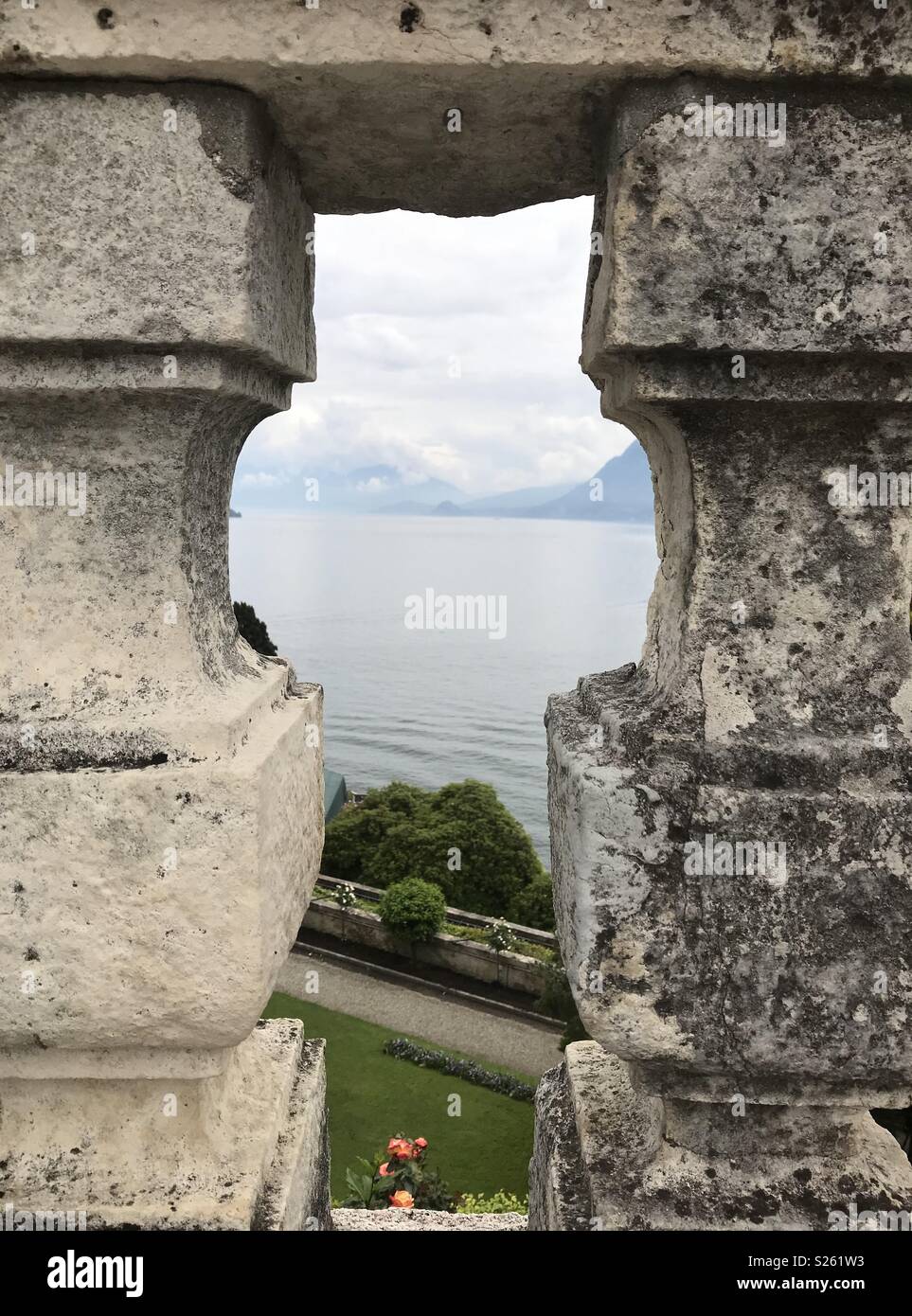 View of Lake Maggiore from the palace gardens at Isola Bella, one of the Borromean Islands of Italy. - Smartphone Captured Stock Image