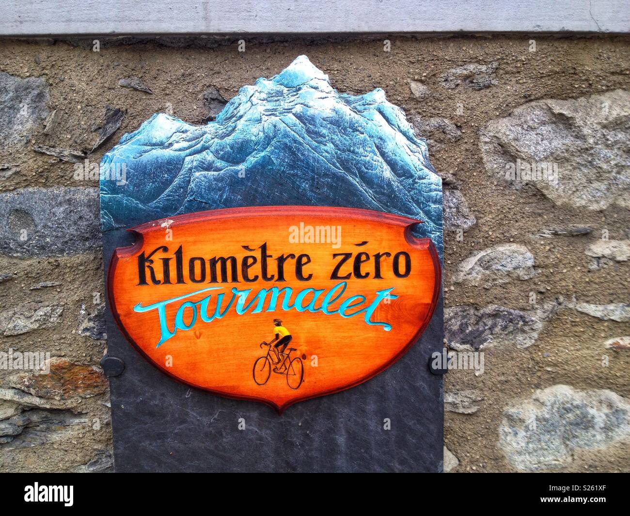 Plate indicating the start of the ascent of the Col du Tourmalet by bike, Luz St Sauveur, Hautes-Pyrenees, Occitanie France Stock Photo