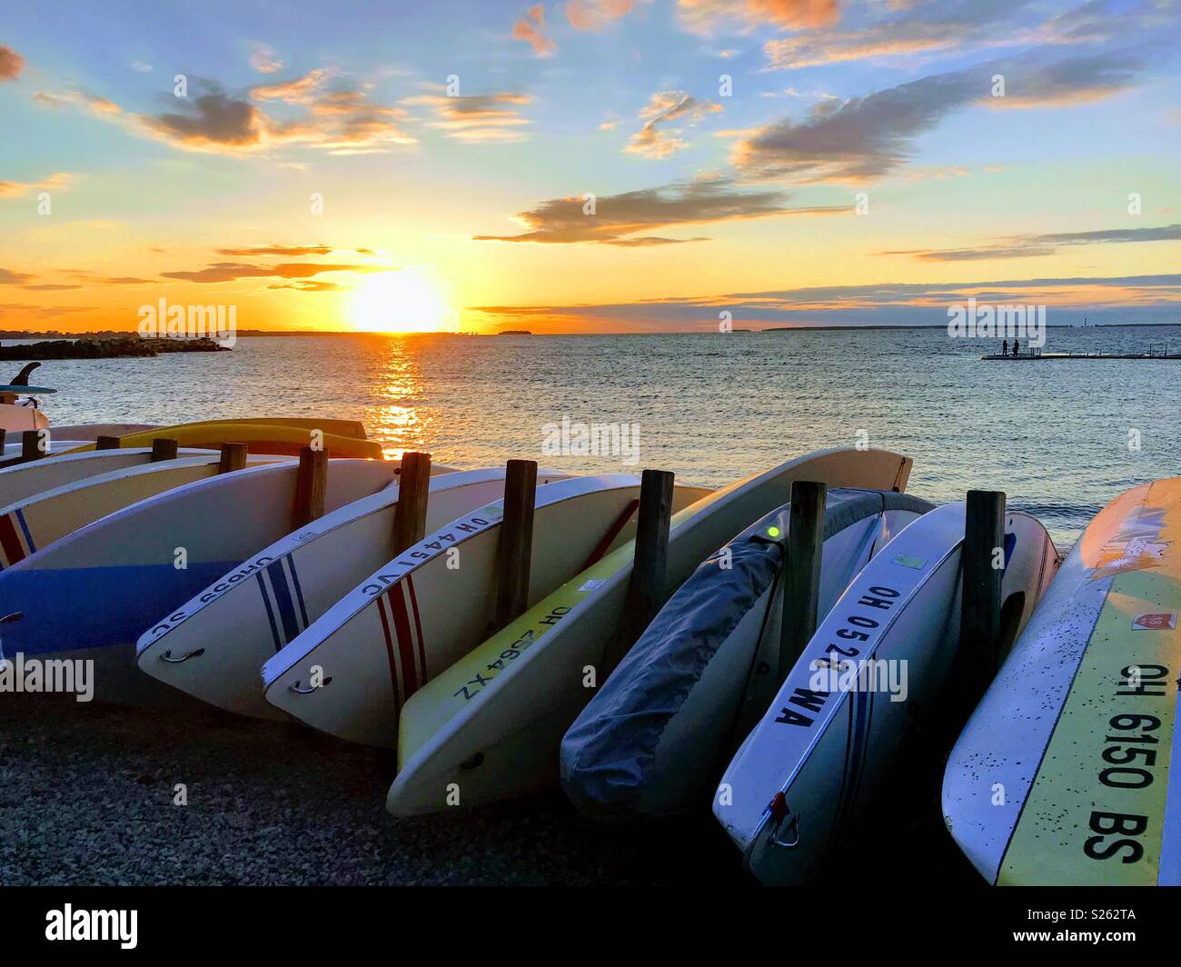 Boats on the Lake Erie shoreline in Ohio. Stock Photo