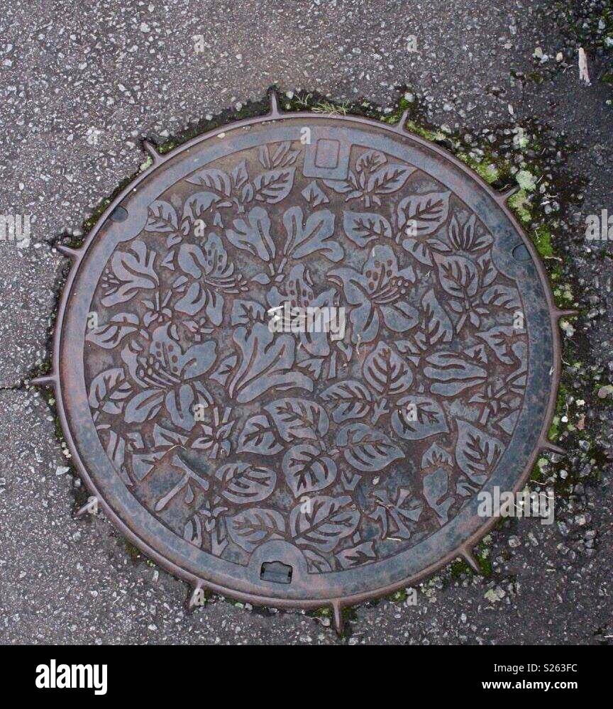 Flowery man hole cover Japan - Smartphone Captured Stock Image