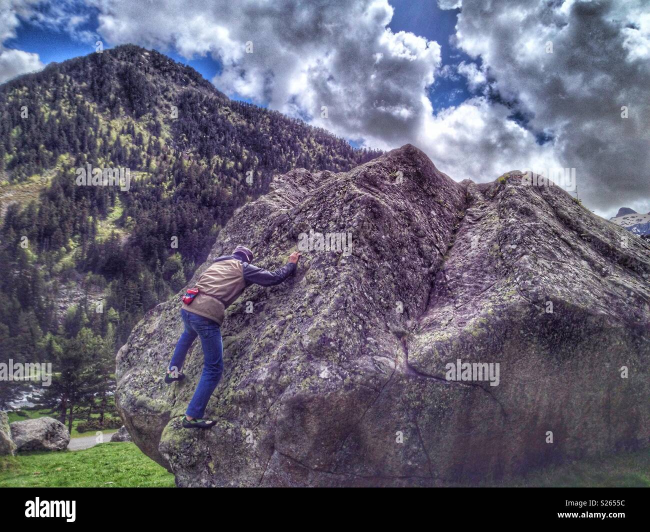 Bouldering in Hautes-Pyrenees, Pont d'Espagne, Cauterets, Occitanie France - Smartphone Captured Stock Image