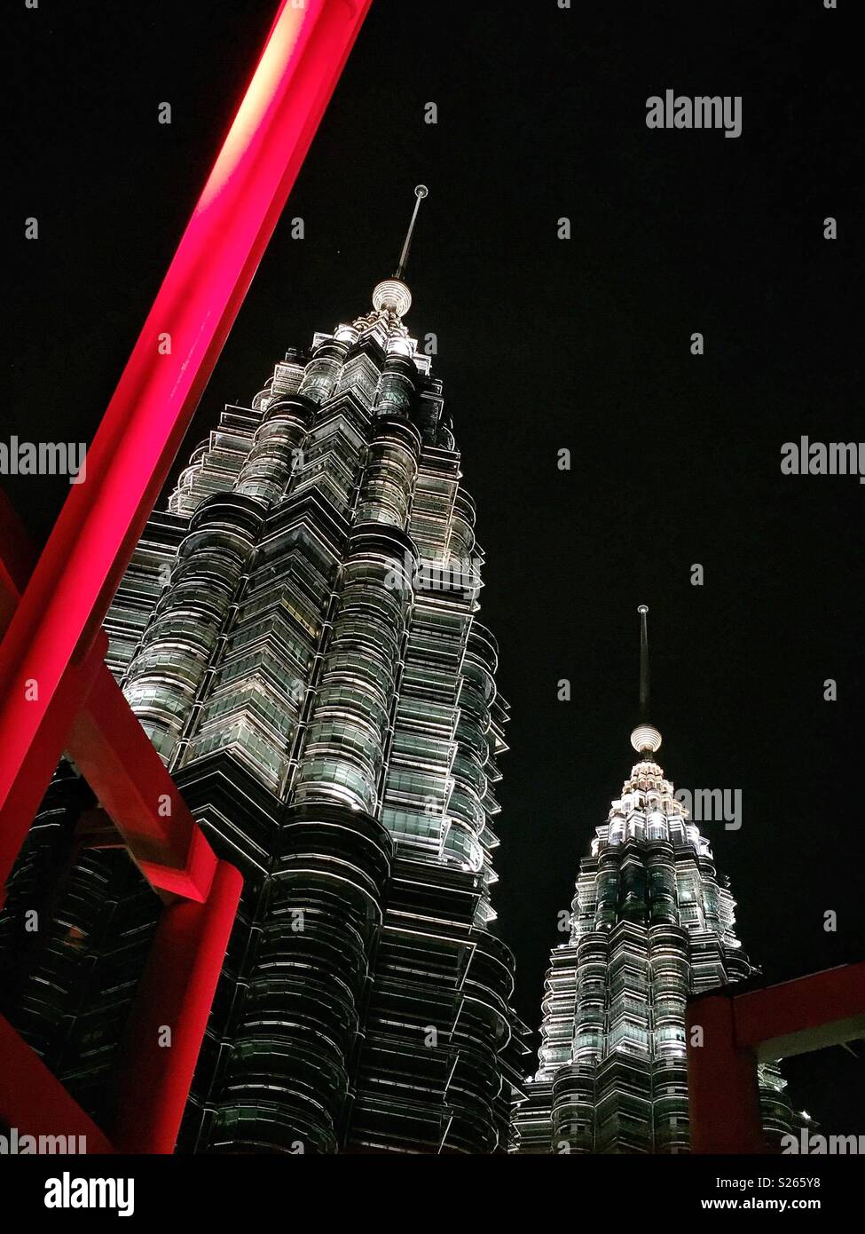 Petronas Twin Towers from Marini's On 57, the highest restaurant and bar in Malaysia, on the rooftop of the adjacent Petronas Tower 3, Kuala Lumpur City Centre Stock Photo
