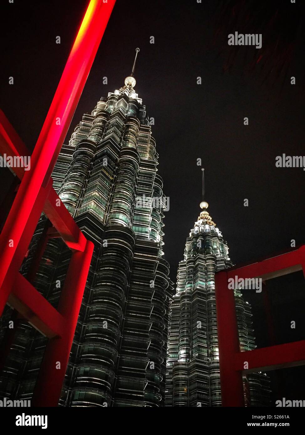 Petronas Twin Towers from Marini's On 57, the highest restaurant and bar in Malaysia, on the rooftop of the adjacent Petronas Tower 3, Kuala Lumpur City Centre Stock Photo