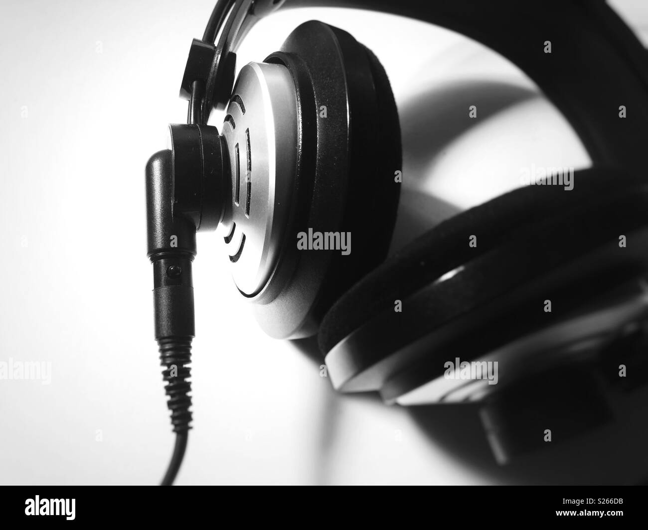 black and white shot of professional headphones Stock Photo