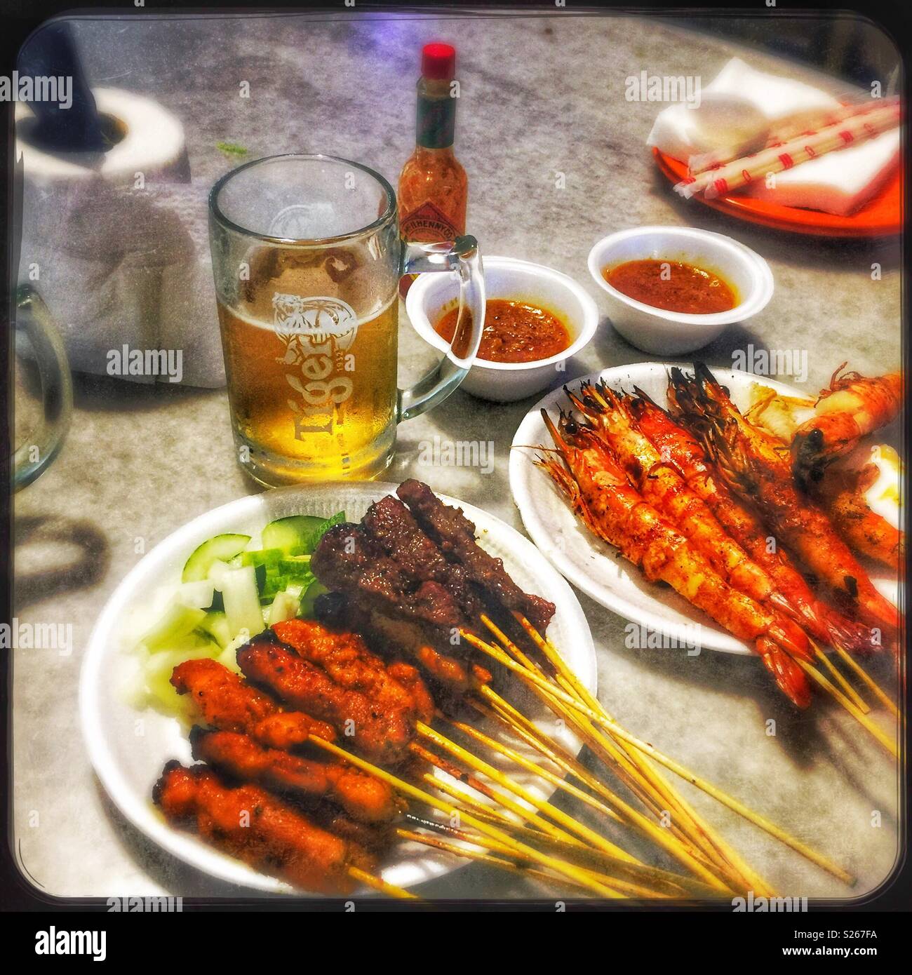 Satay And Tiger Beer Dinner At Lau Pa Sat Telok Ayer Food Market Singapore Stock Photo Alamy