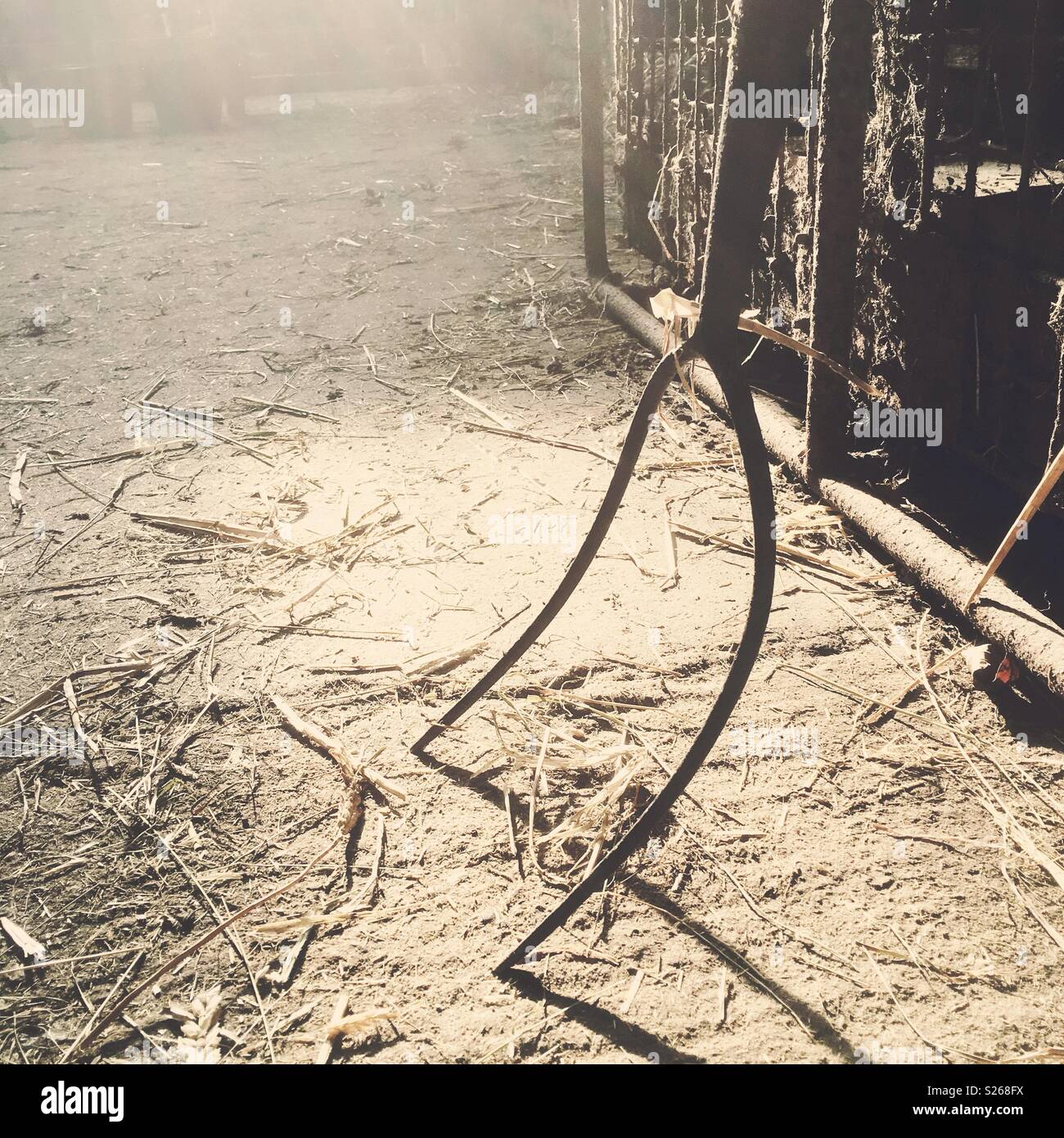 Pitch fork in close up in a barn - Smartphone Captured Stock Image