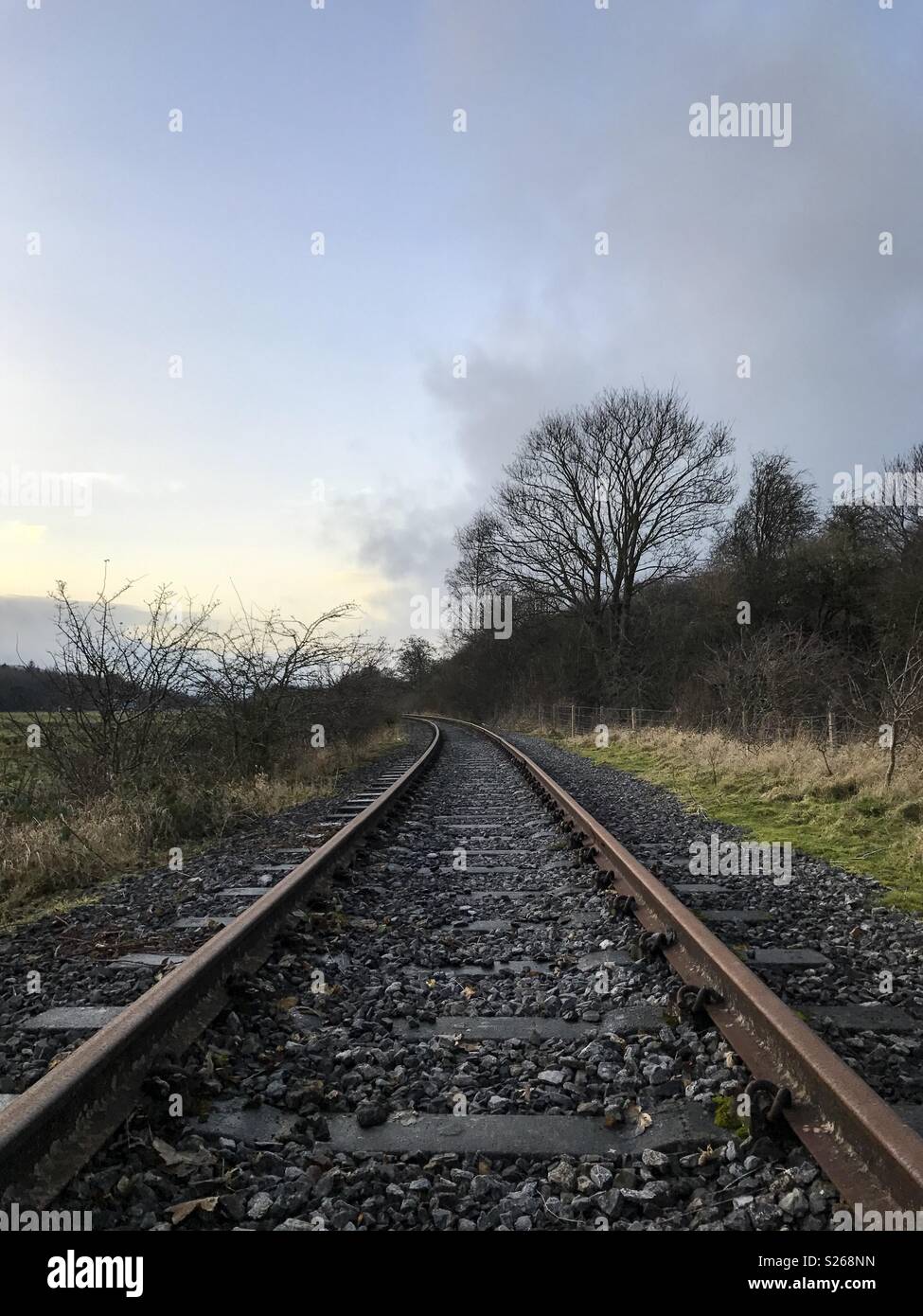Looking up old railway tracks in County Durham, England. Stock Photo