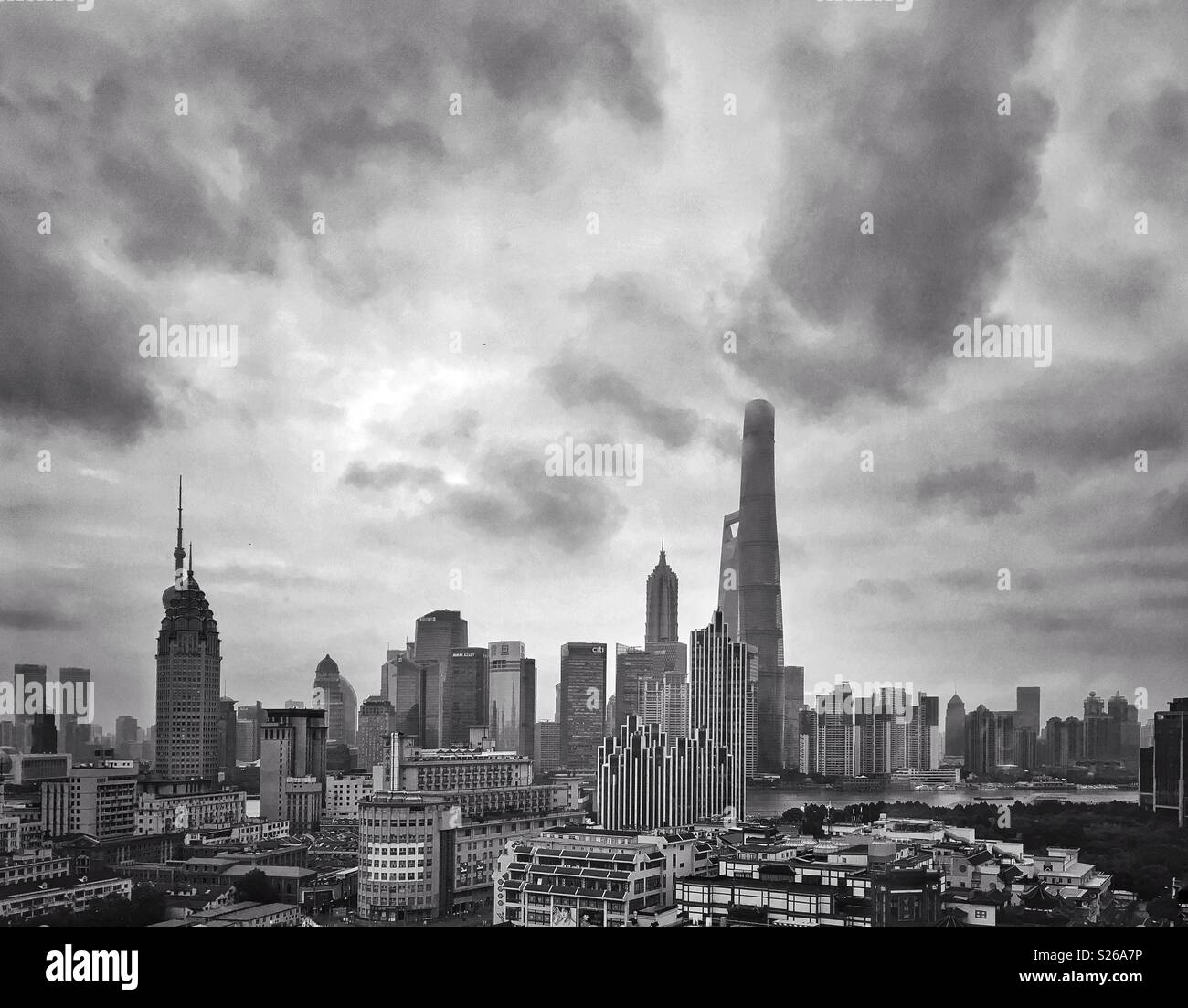 Skyline of Shanghai, China at a rainy day - Smartphone Captured Stock Image