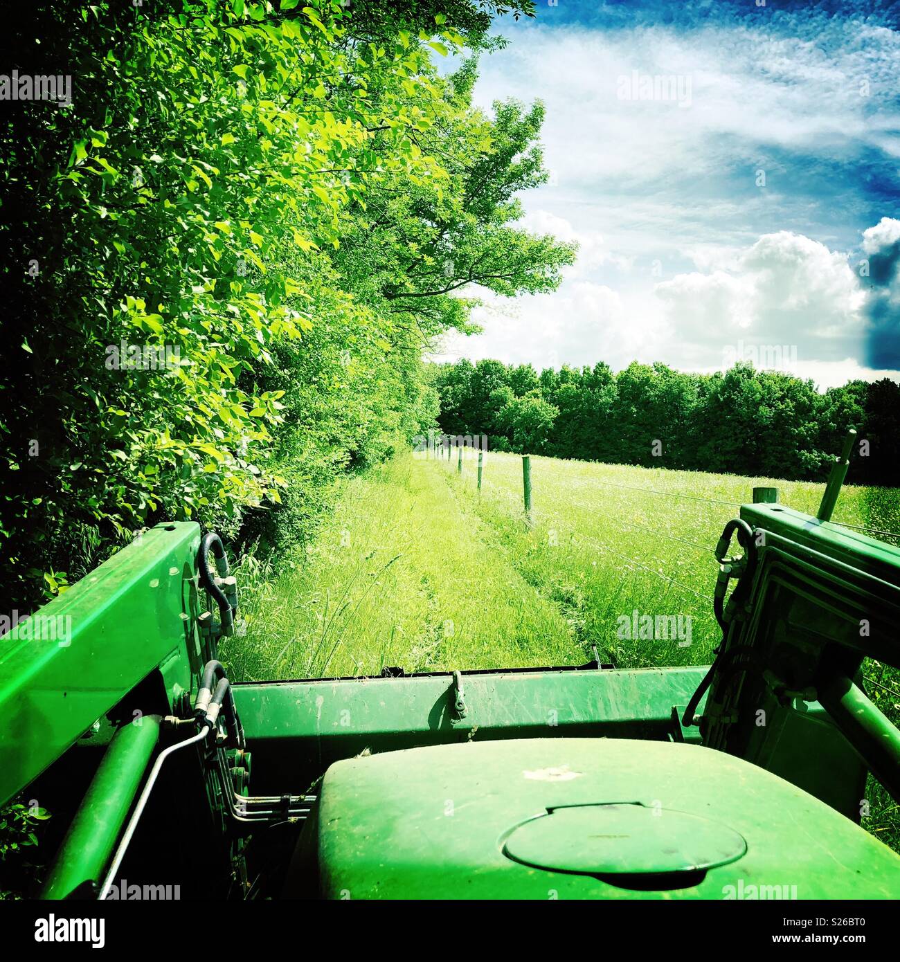 View from tractor driving along field edge beside trees on sunny day - Smartphone Captured Stock Image