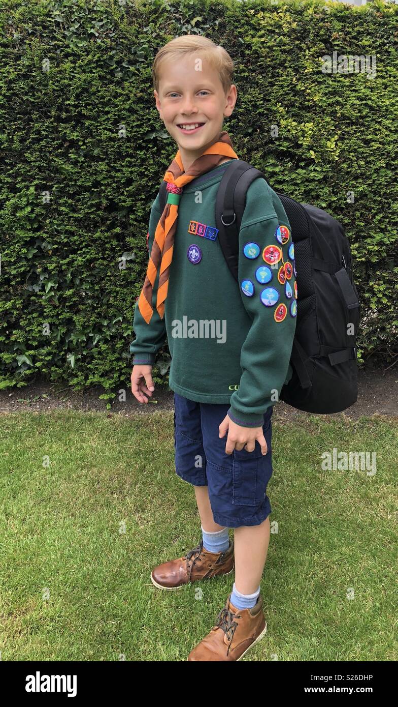 Blonde boy Cub Scout setting off to camp ! Stock Photo Alamy