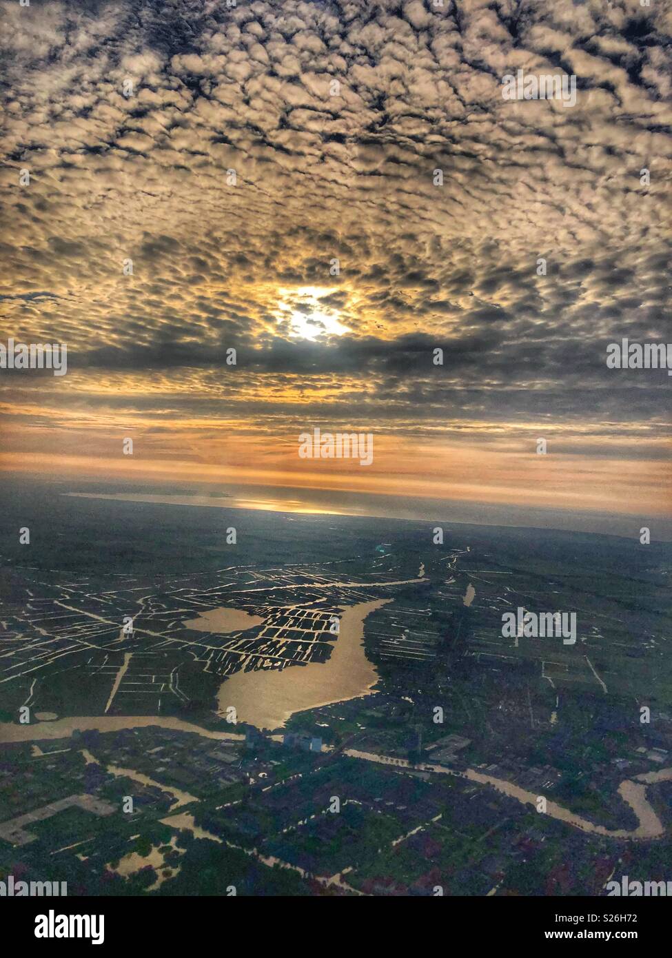 Morning sunrise flight over northern Germany. Stock Photo