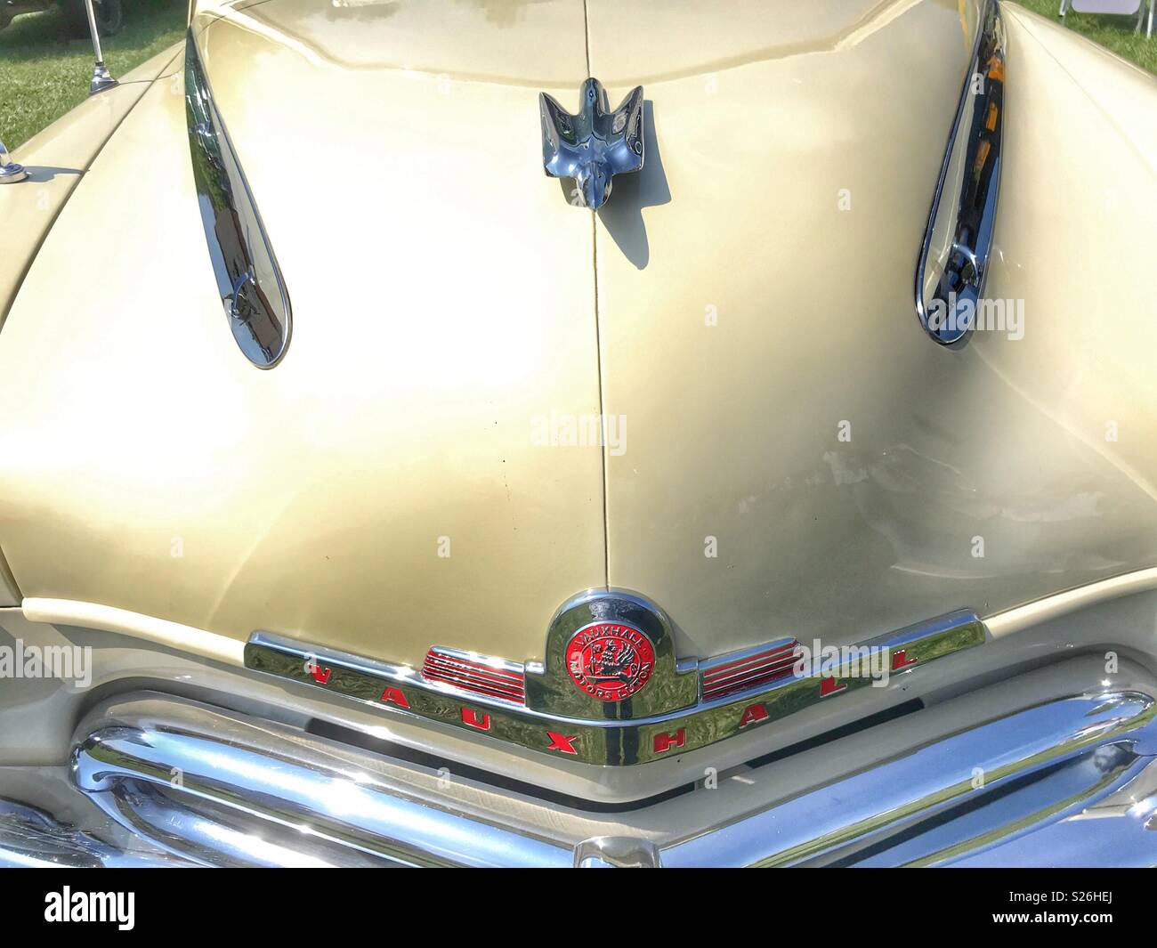 Vauxhall Motors Luton, car bonnet, car badge and chrome grille detail - Smartphone Captured Stock Image