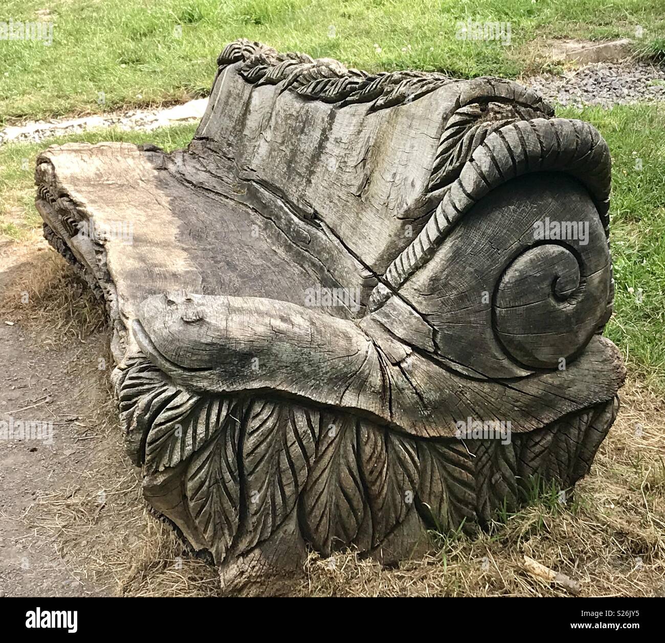 Wooden carved bench - Smartphone Captured Stock Image