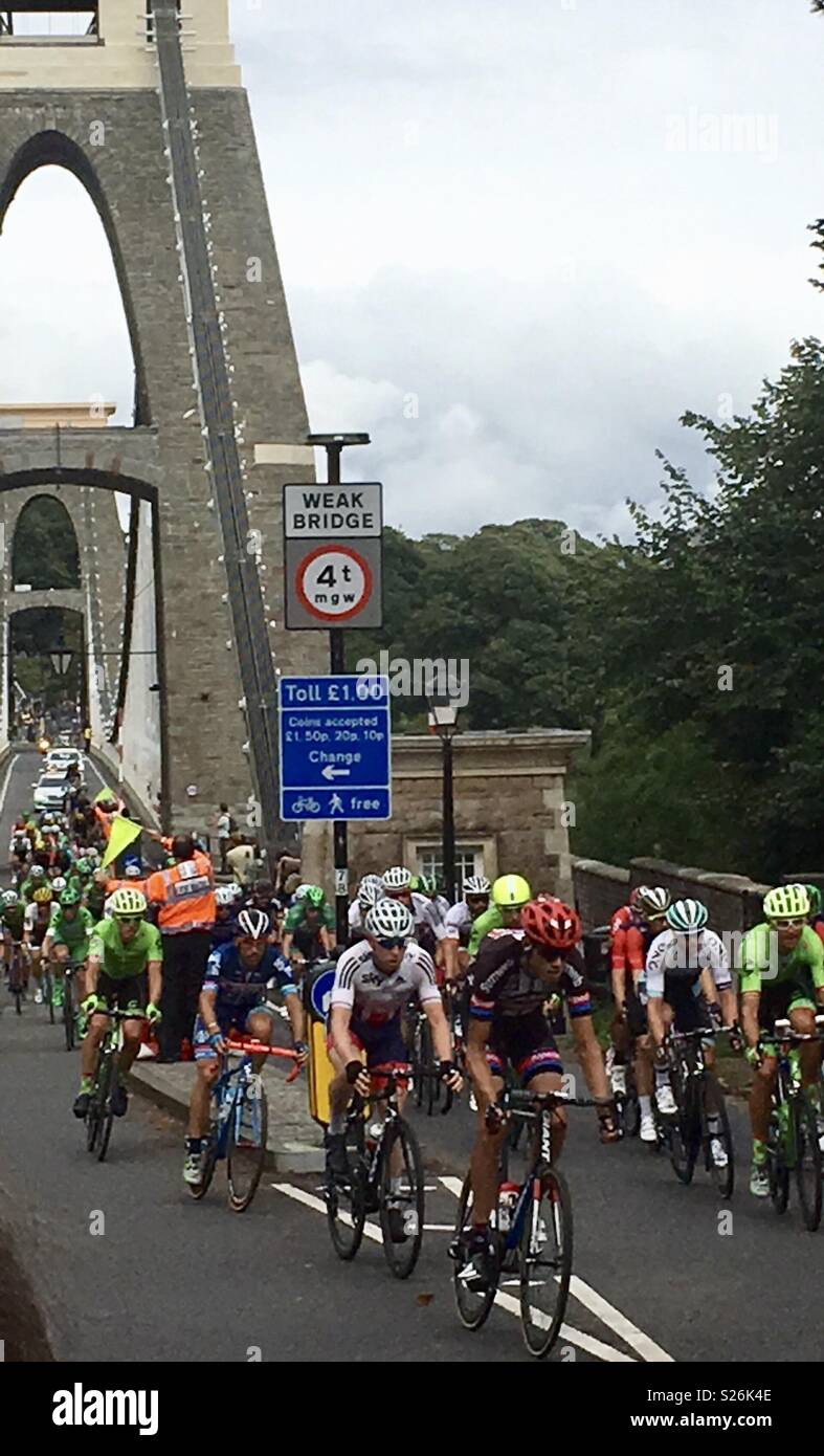 Cycling tour of Britain Bristol suspension bridge 2016 - Smartphone Captured Stock Image