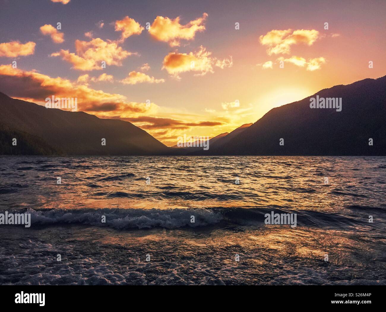 Sunset over Lake Crescent, Olympic National Park, Washington state. - Smartphone Captured Stock Image