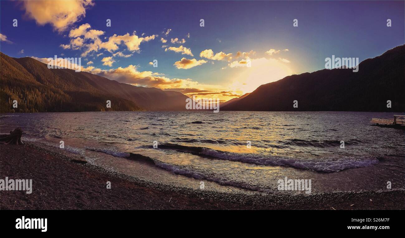 Landscape panorama of the Lake Crescent at sunset, Olympic National Park, Washington state. - Smartphone Captured Stock Image