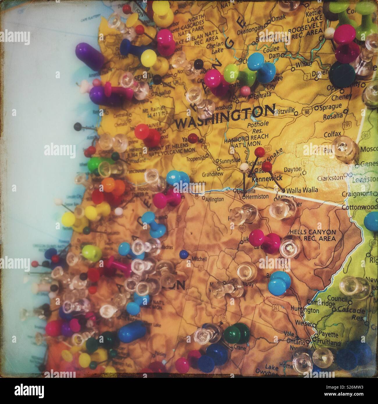 Map of Oregon and Washington state close-up with pins, USA. - Smartphone Captured Stock Image