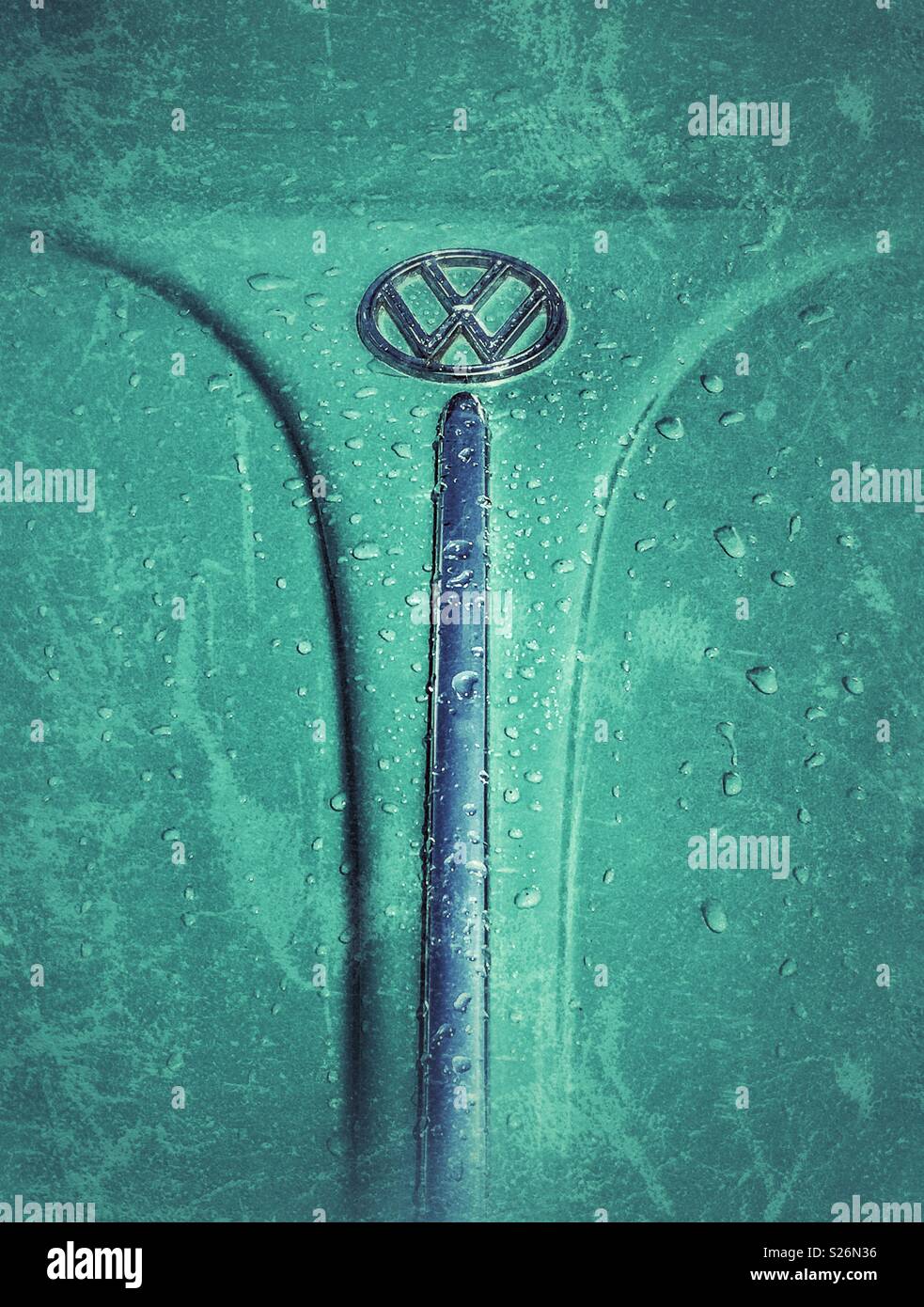 Wet vintage VW Beetle hood with grunge texture Stock Photo