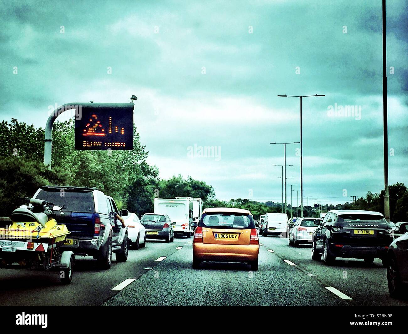 Traffic jam on the M4 motorway caused by an accident. - Smartphone Captured Stock Image