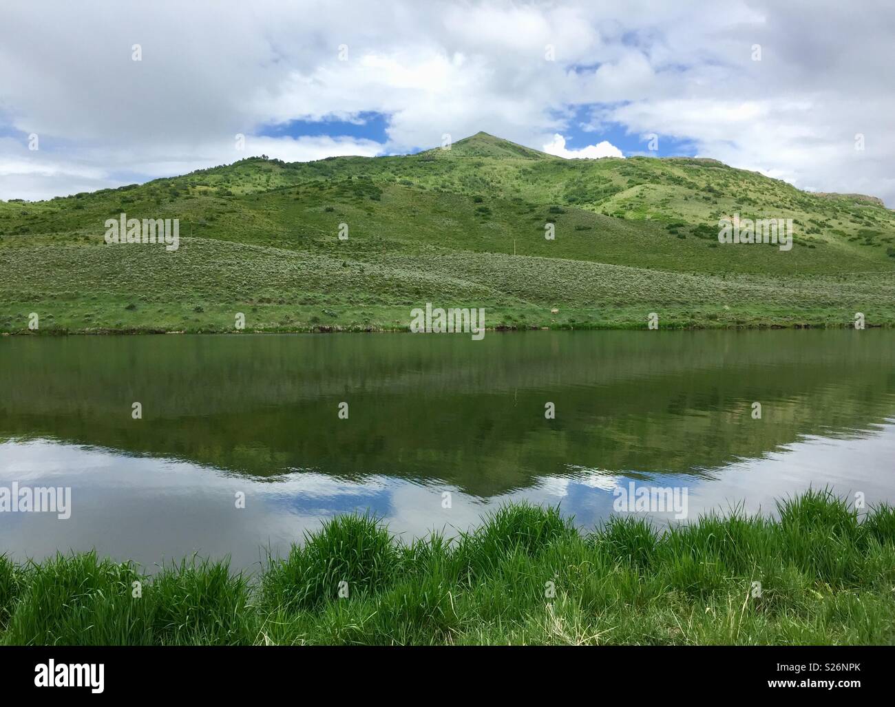 Green mountain reflections in calm water at Stagecoach State Park Reservoir in Colorado in summer Stock Photo