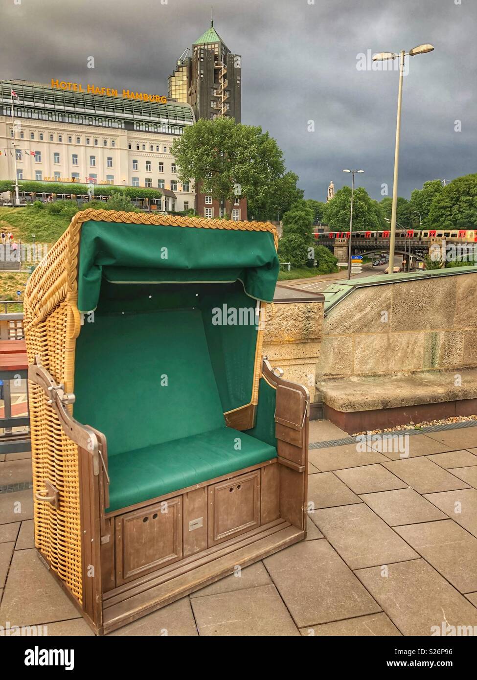 Iconic northern German beach chair on the rooftop patio of a restaurant