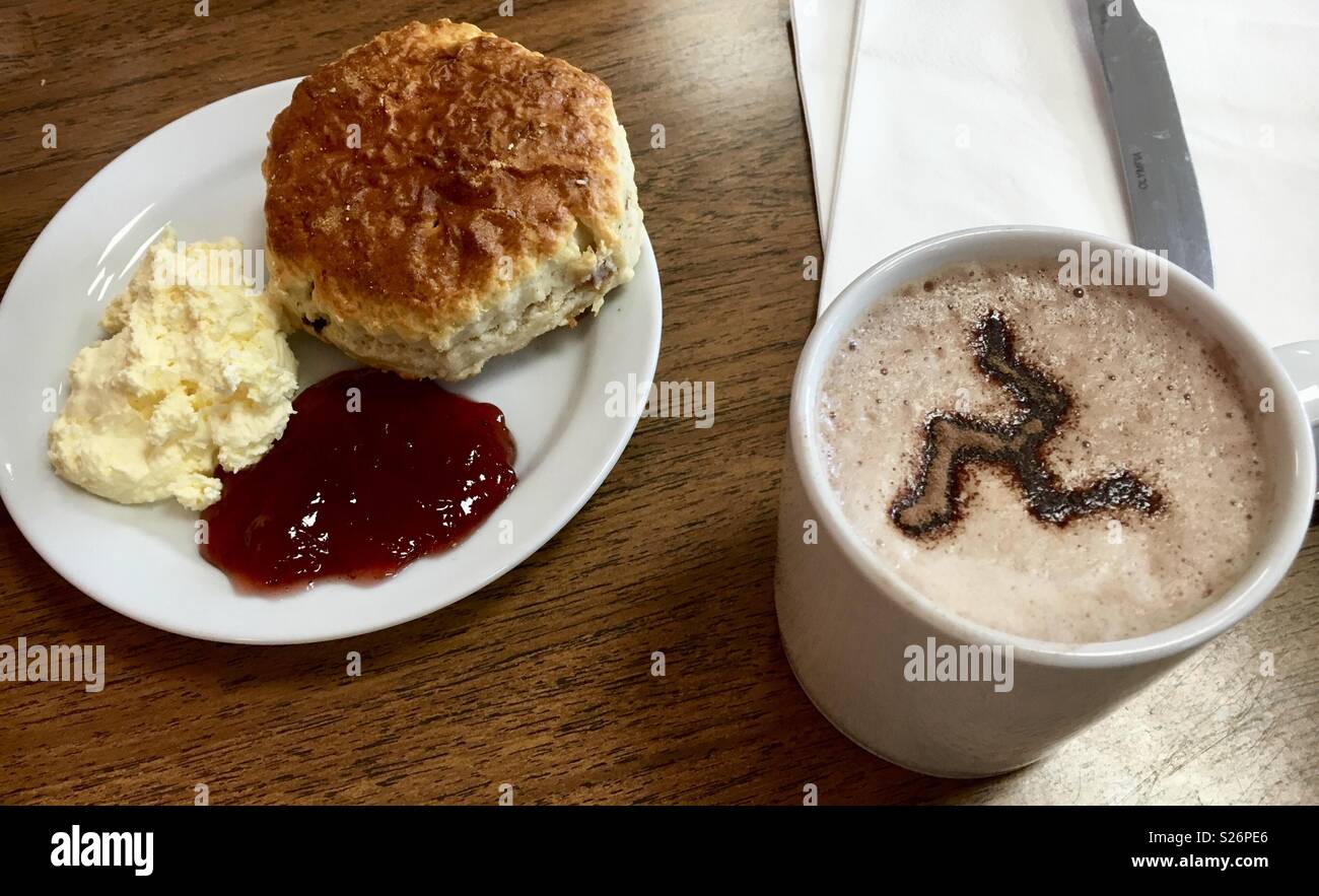 Jam & cream scone with hot choc. Isle of Man - Smartphone Captured Stock Image