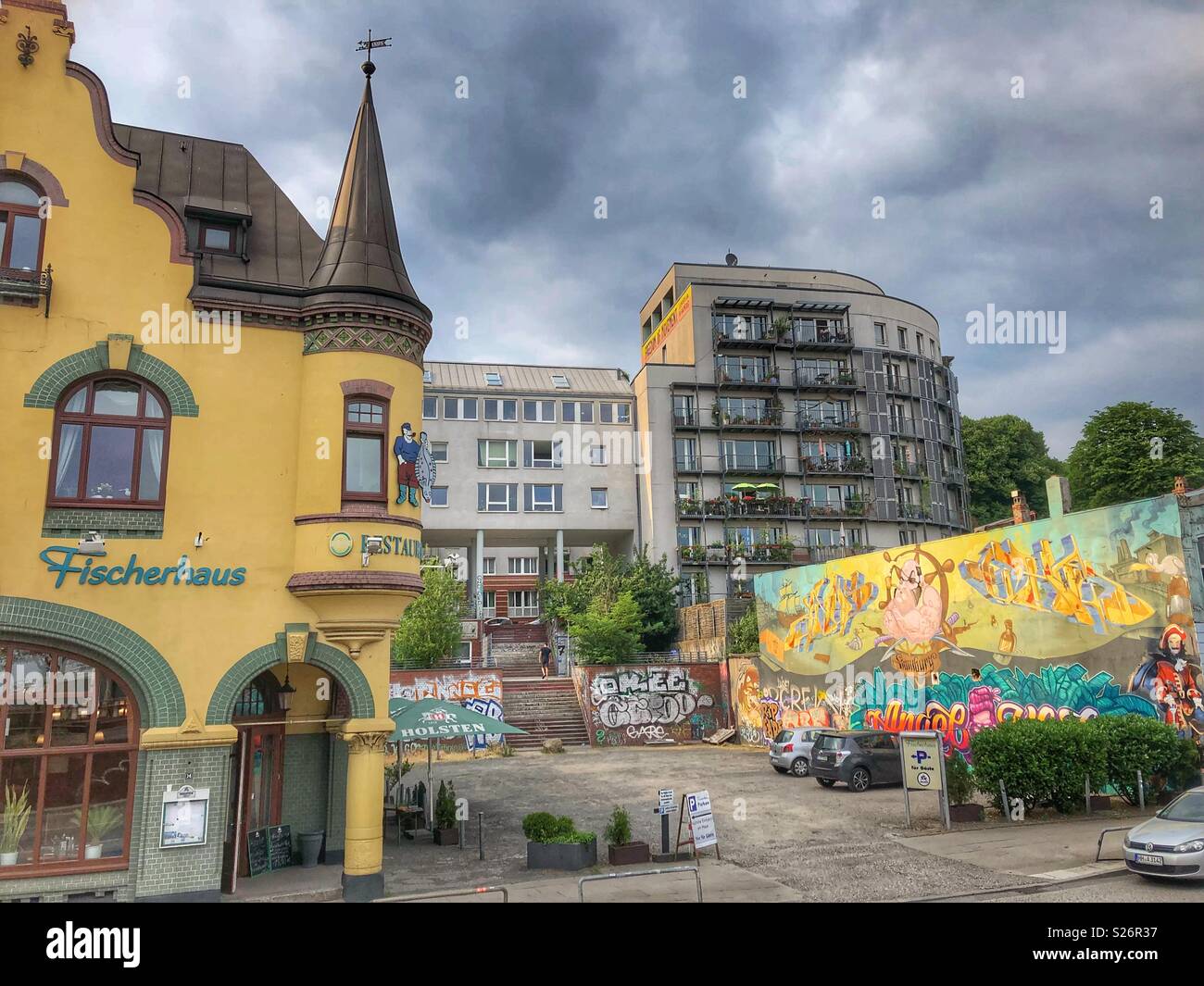 Fischerhaus, a restaurant in the St. Pauli Quarter of Hamburg, Germany. - Smartphone Captured Stock Image