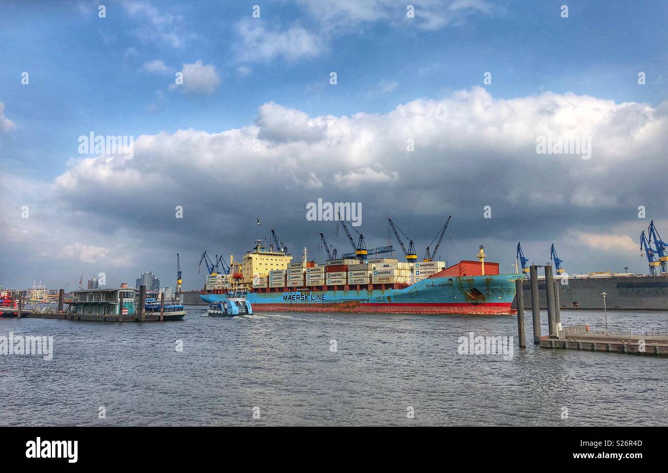 Hamburg harbour along the Elbe River. - Smartphone Captured Stock Image