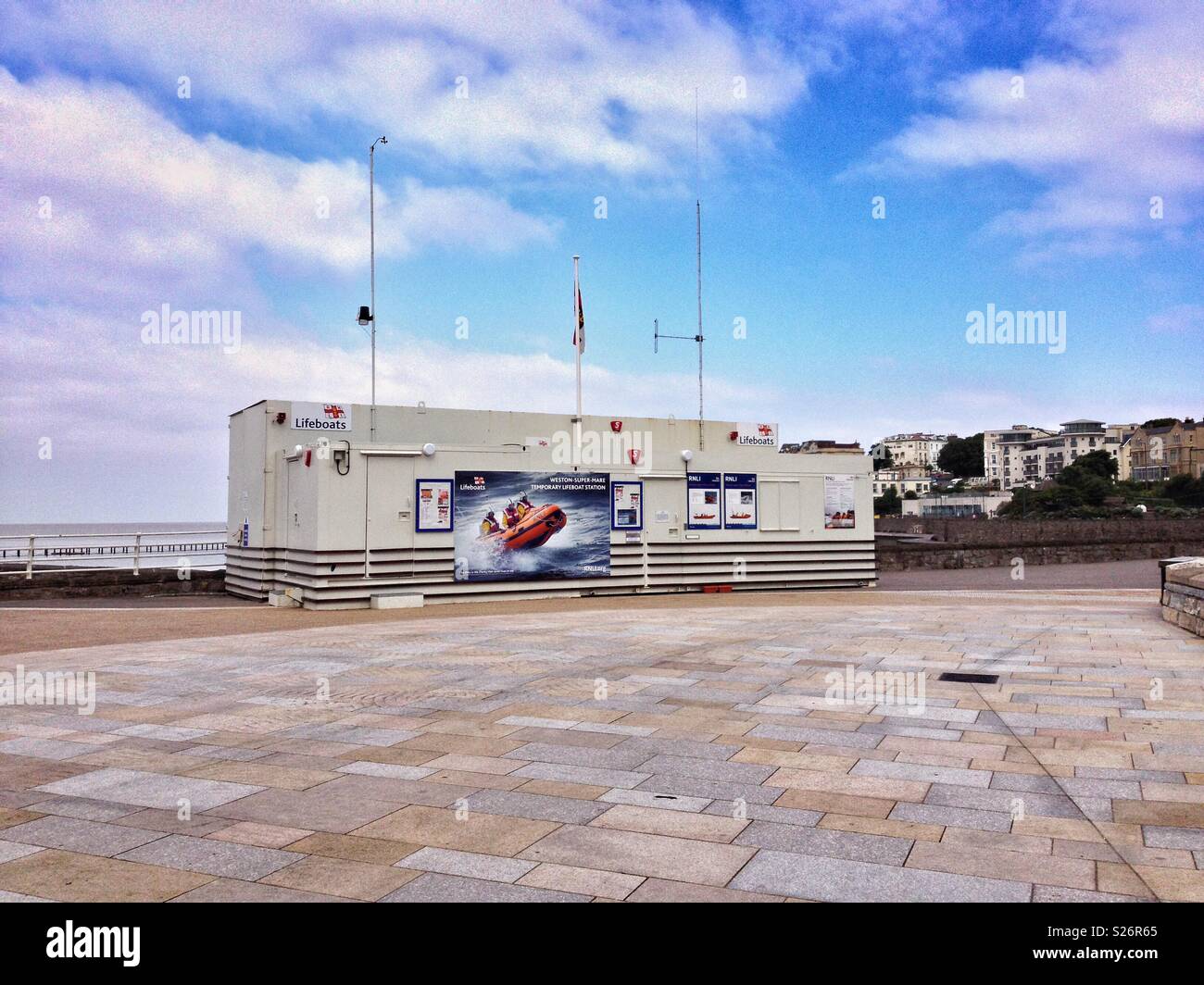 The lifeboat station in Weston-super-Mare, UK. This is a temporary structure which was installed when Birnbeck Pier, the site of the original station, became unsafe. - Smartphone Captured Stock Image