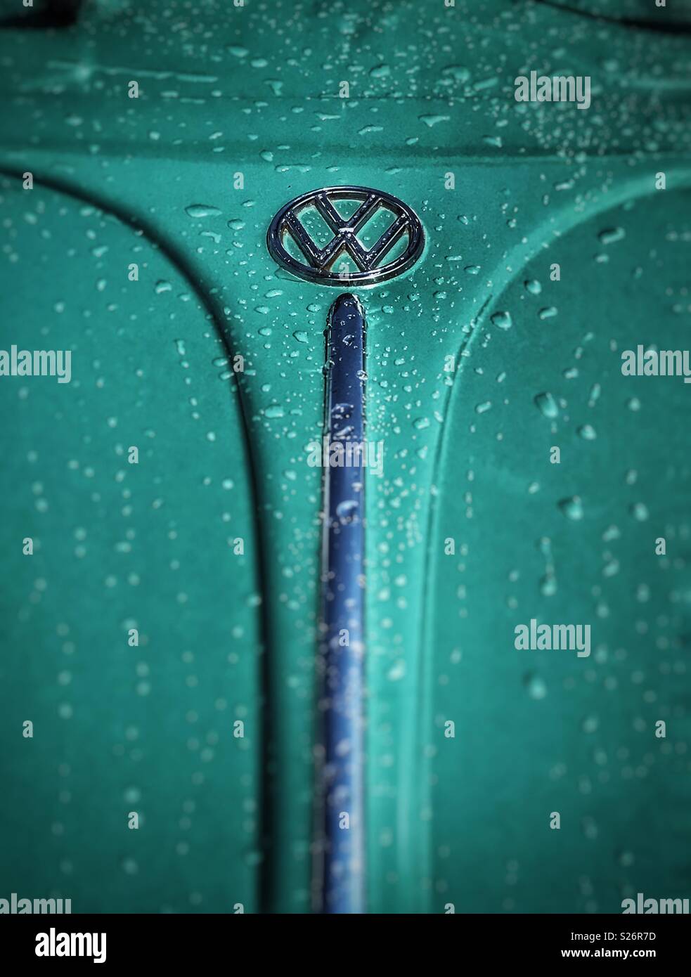 Vintage VW Beetle hood with raindrops Stock Photo