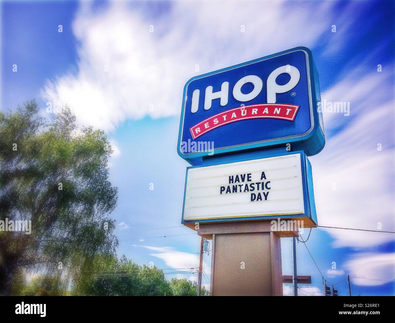 IHOP Restaurant sign with logo and play on words: have a pantastic day, Bend, Oregon, USA. Stock Photo