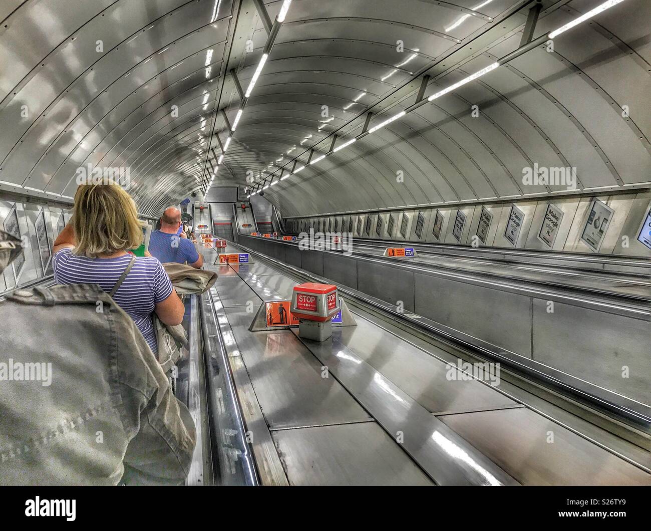 Escalator at Leicester Square tube station, London Underground, London, England Stock Photo