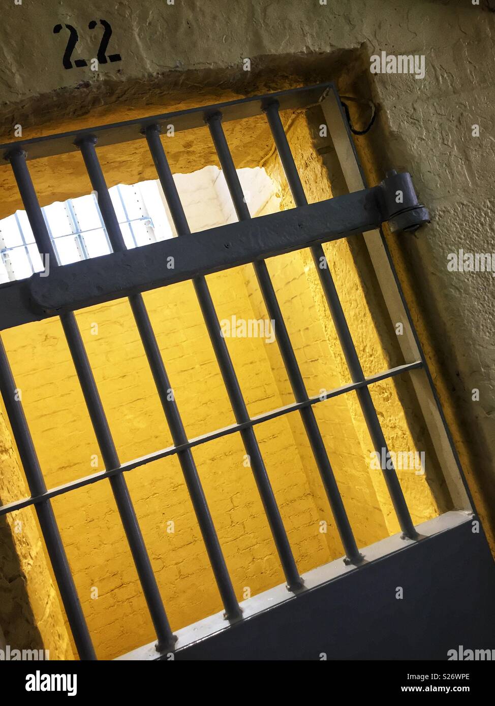 Cell door in B Hall of Victoria Prison, part of the former Central Police Station, now renovated and redeveloped as Tai Kwun Centre for Heritage and Arts, Hong Kong - Smartphone Captured Stock Image