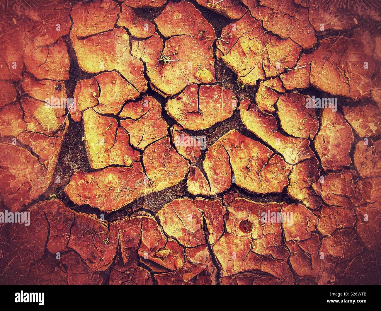 New South Wales (NSW), Australia.The dry cracked mud of a lake bed during the summer drought. - Smartphone Captured Stock Image