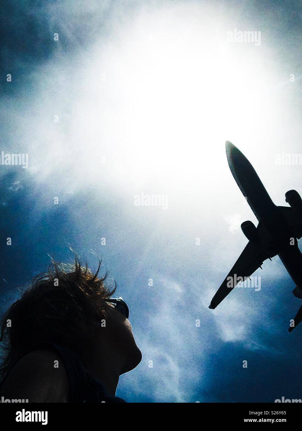 Comercial jet airplane landing in Barcelona airport, Catalonia Stock Photo