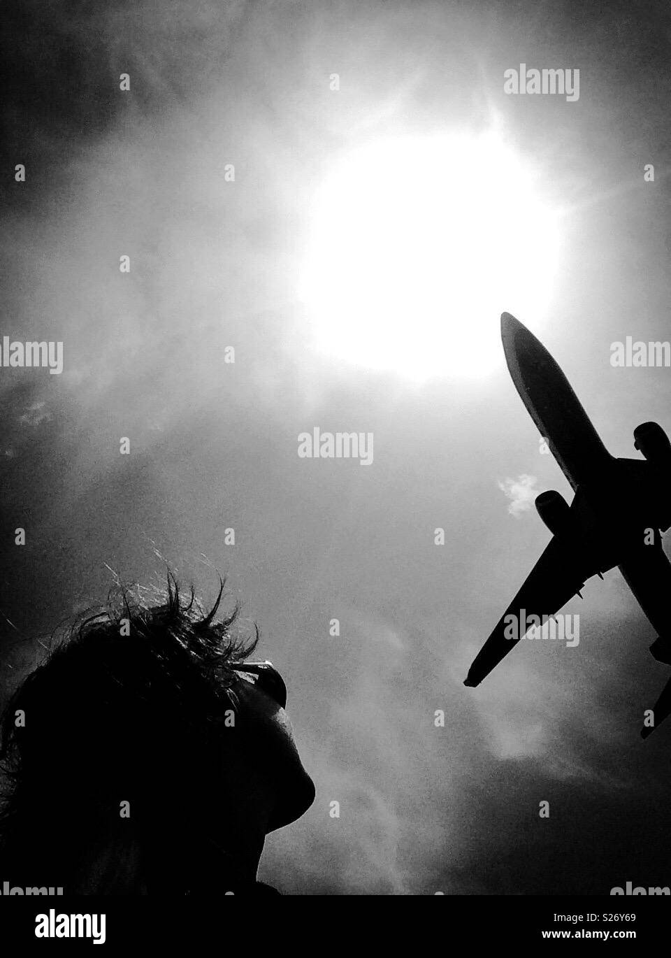 Comercial jet airplane landibg in Barcelona airport Stock Photo