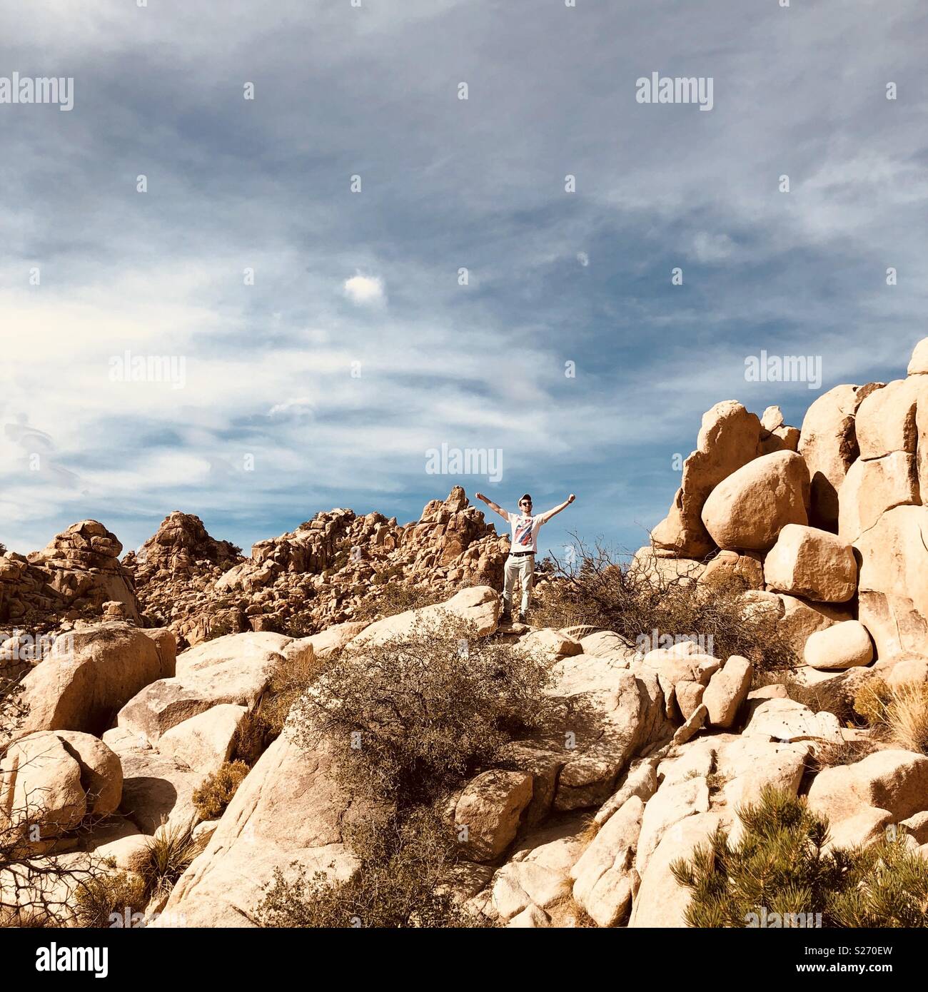 A teenage boy stands on top of a rock with his arms raised in triumph in Joshua Tree National Park in Joshua Tree, California. Stock Photo