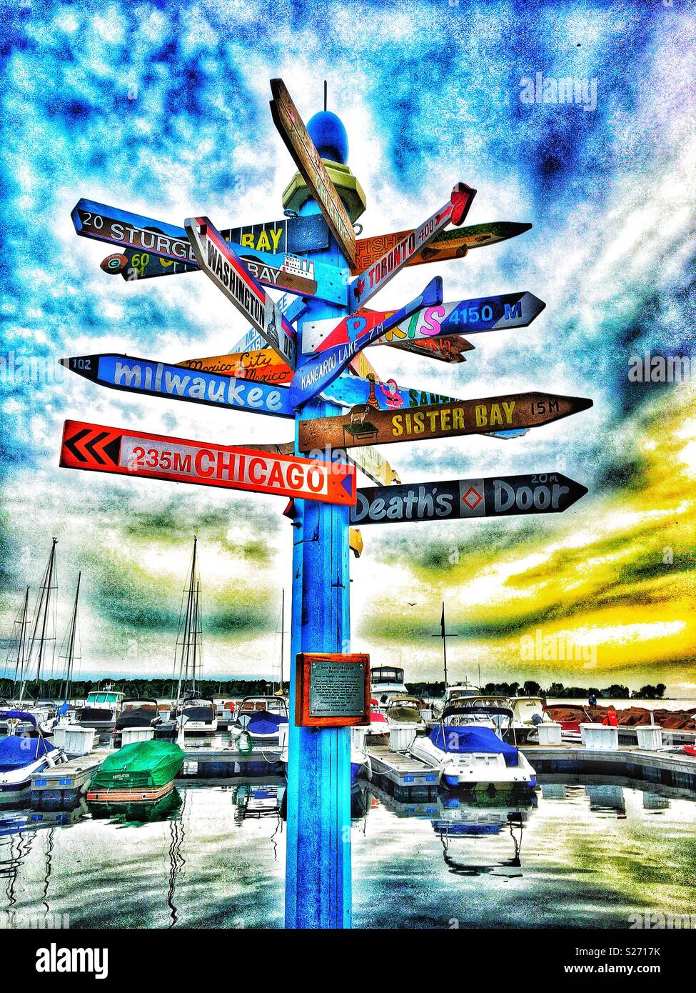 Herb Mueller Milepost, Egg Harbor, WI - Smartphone Captured Stock Image