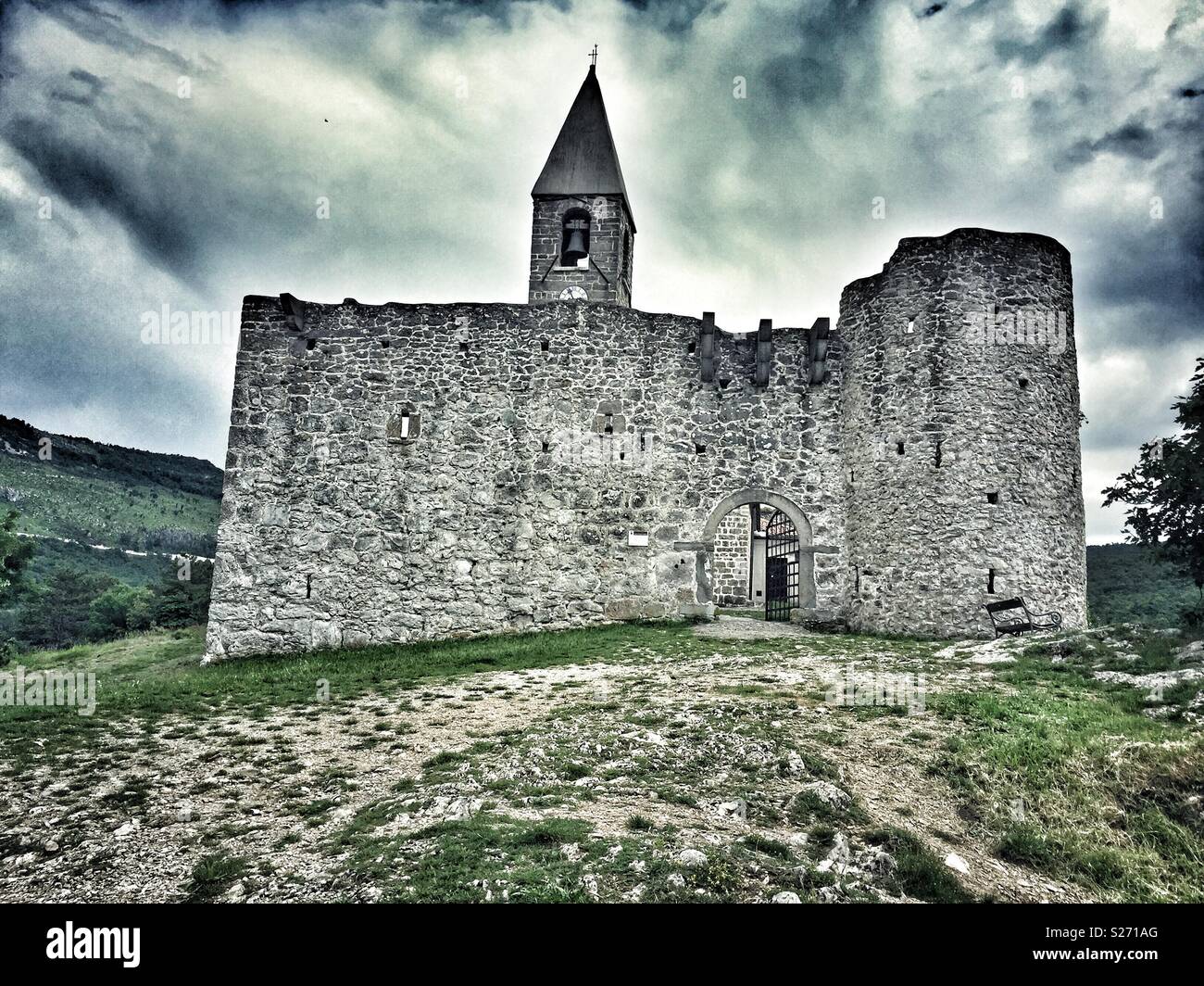 Fairytale Castle (Roman Catholic Holy Trinity Church) at Hrastovlje,Koper, Slovenia. Possibly 12 Century and Fortified in 15th Century. Stock Photo