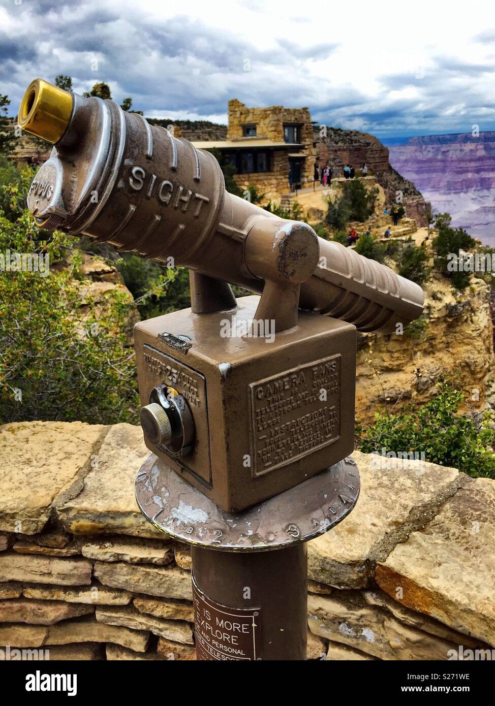 Telescope at the Grand Canyon with Lookout Studio in the background Stock  Photo - Alamy