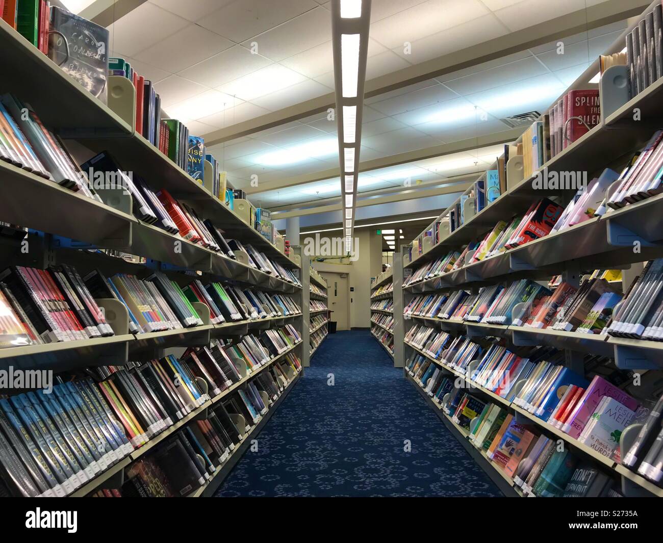 Library books on display and organized on their shelves Stock Photo Alamy