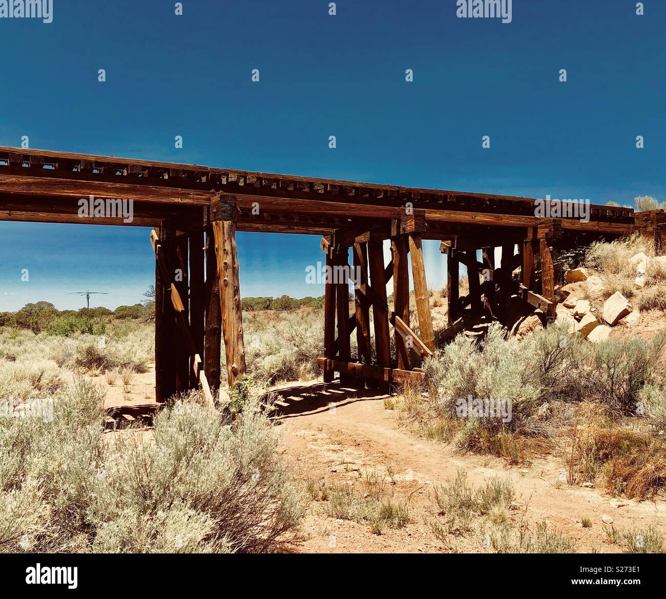 Wooden train bridge near Lamy, New Mexico Stock Photo