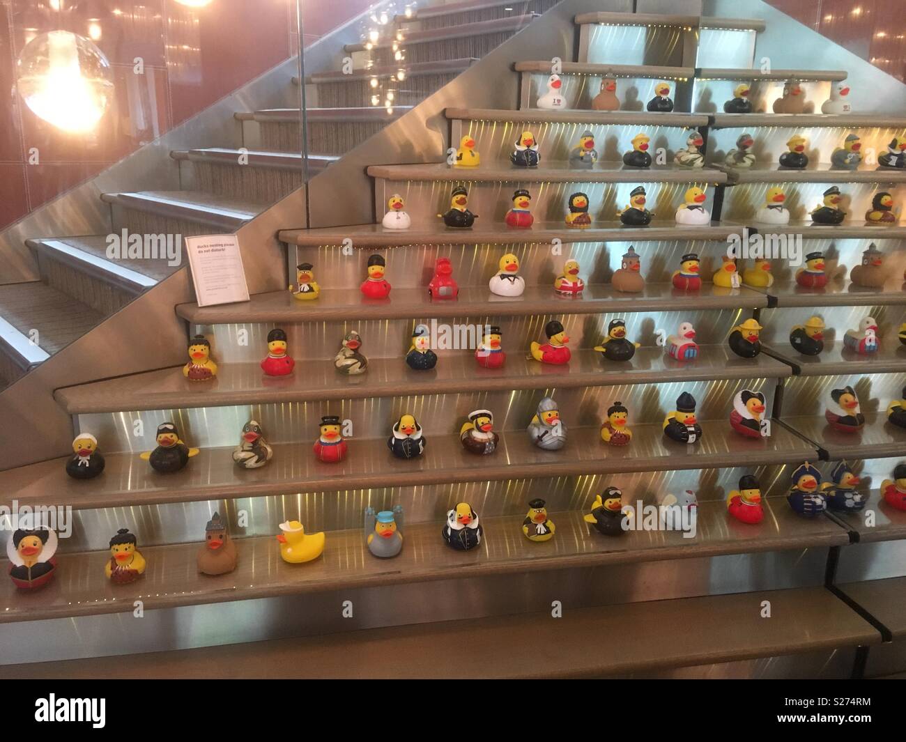 Display of assorted funky rubber ducks at the Runnymede Hotel, Ethan, Surrey, in Spring Stock