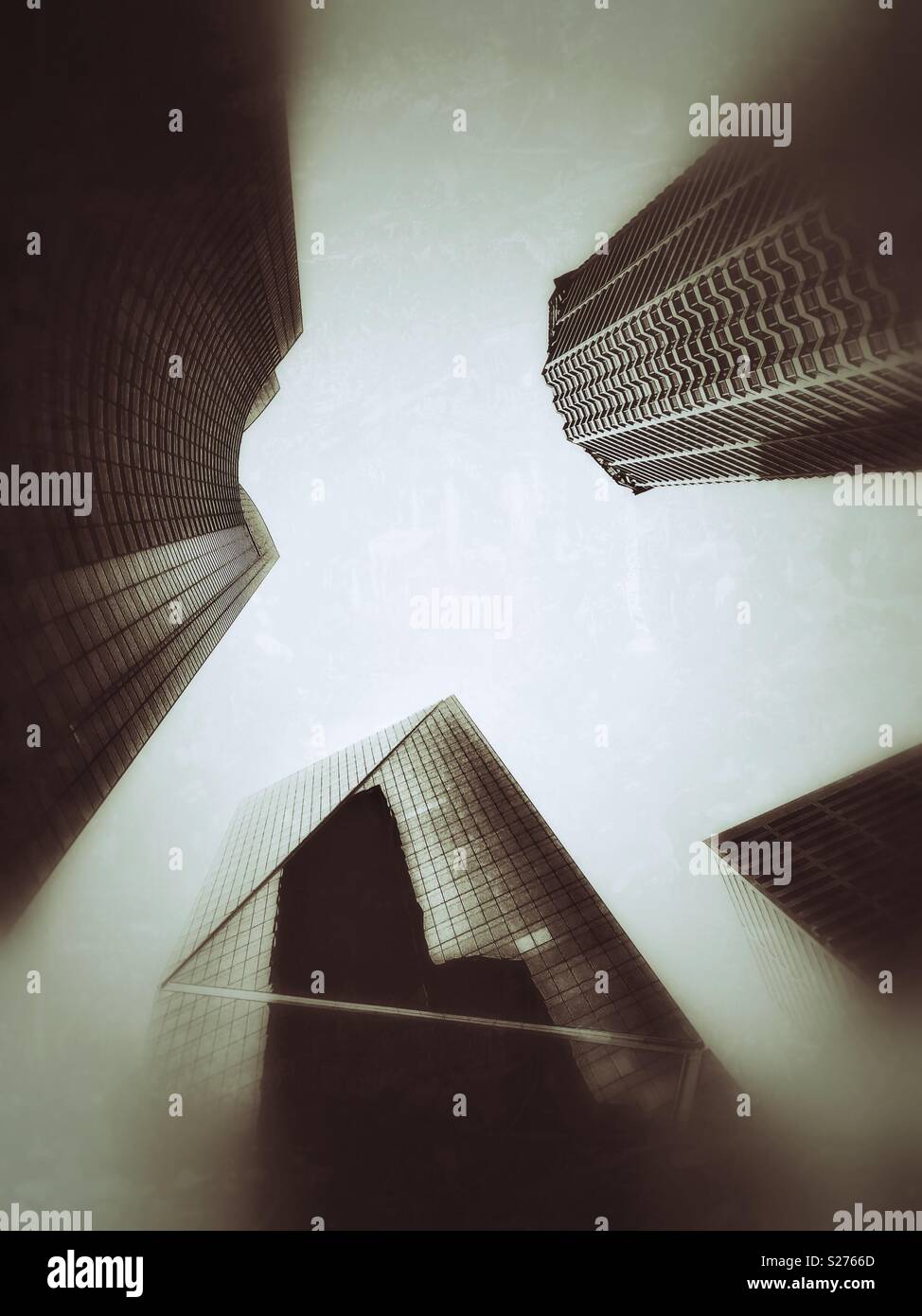 Looking up at skyscrapers in Seattle downtown, Columbia center and F5 Tower, 5th avenue, Washington state, USA. - Smartphone Captured Stock Image